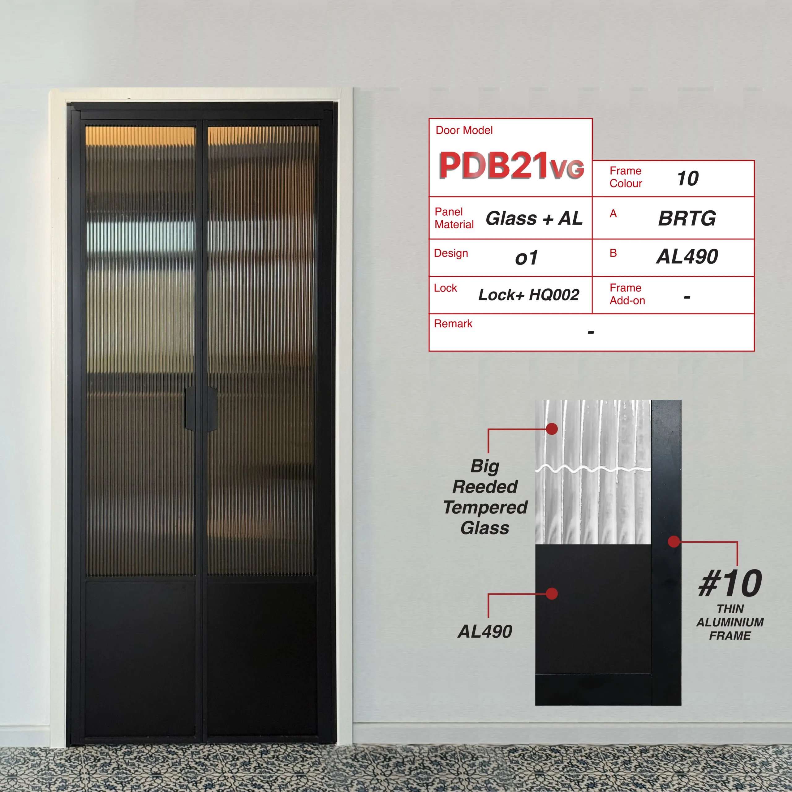 Black Synchronised Double Swing Door with VG Hinge PDB21VG Black Synchronised Double Swing Door with VG Hinge PDB21VG Design o1 with Big Reeded Tempered Glass (BRTG) and Matt Black (AL490)