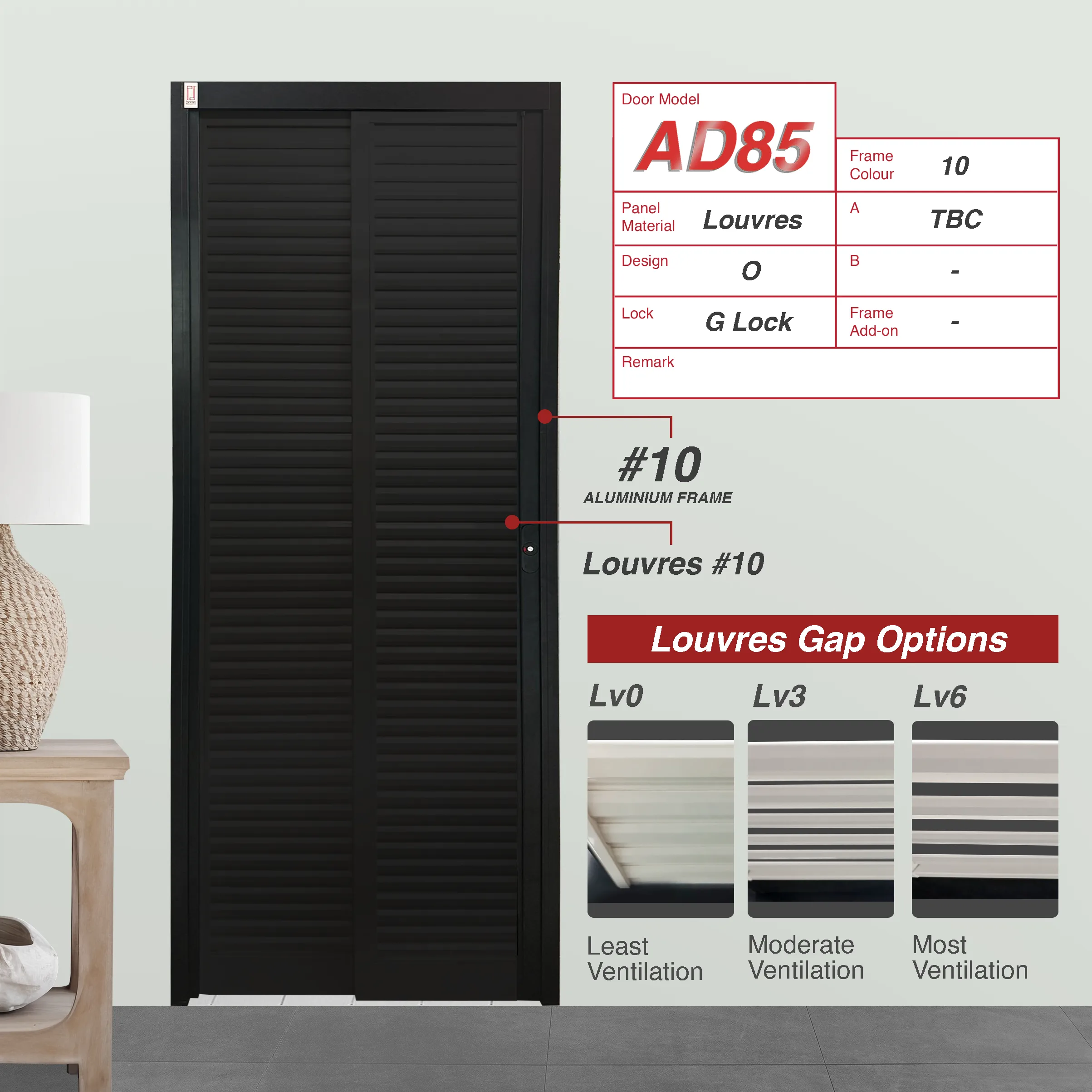 AD85 Black 6mm Louvres Slide & Swing Door with No Design AD85 Black Slide & Swing Door Made with 6mm Louvres