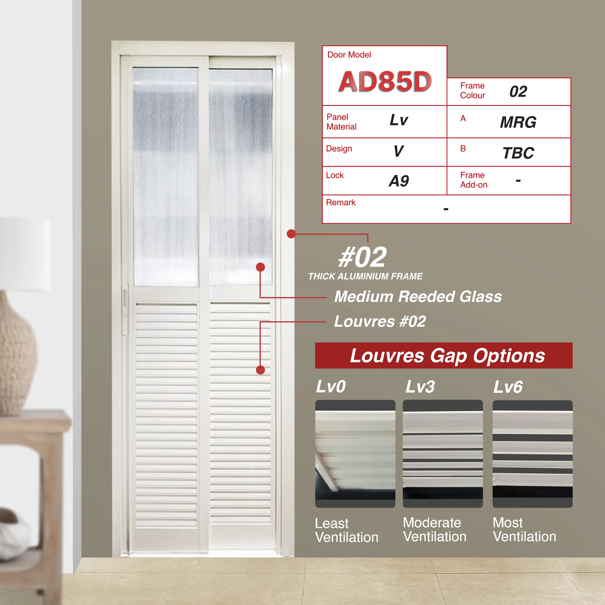 Off White Slide and Swing 3.0: AD85 Louvres Off White Slide and Swing 3.0: AD85 Design V with Medium Reeded Glass (MRG) and Off White Louvres with the least compact blade arrangement