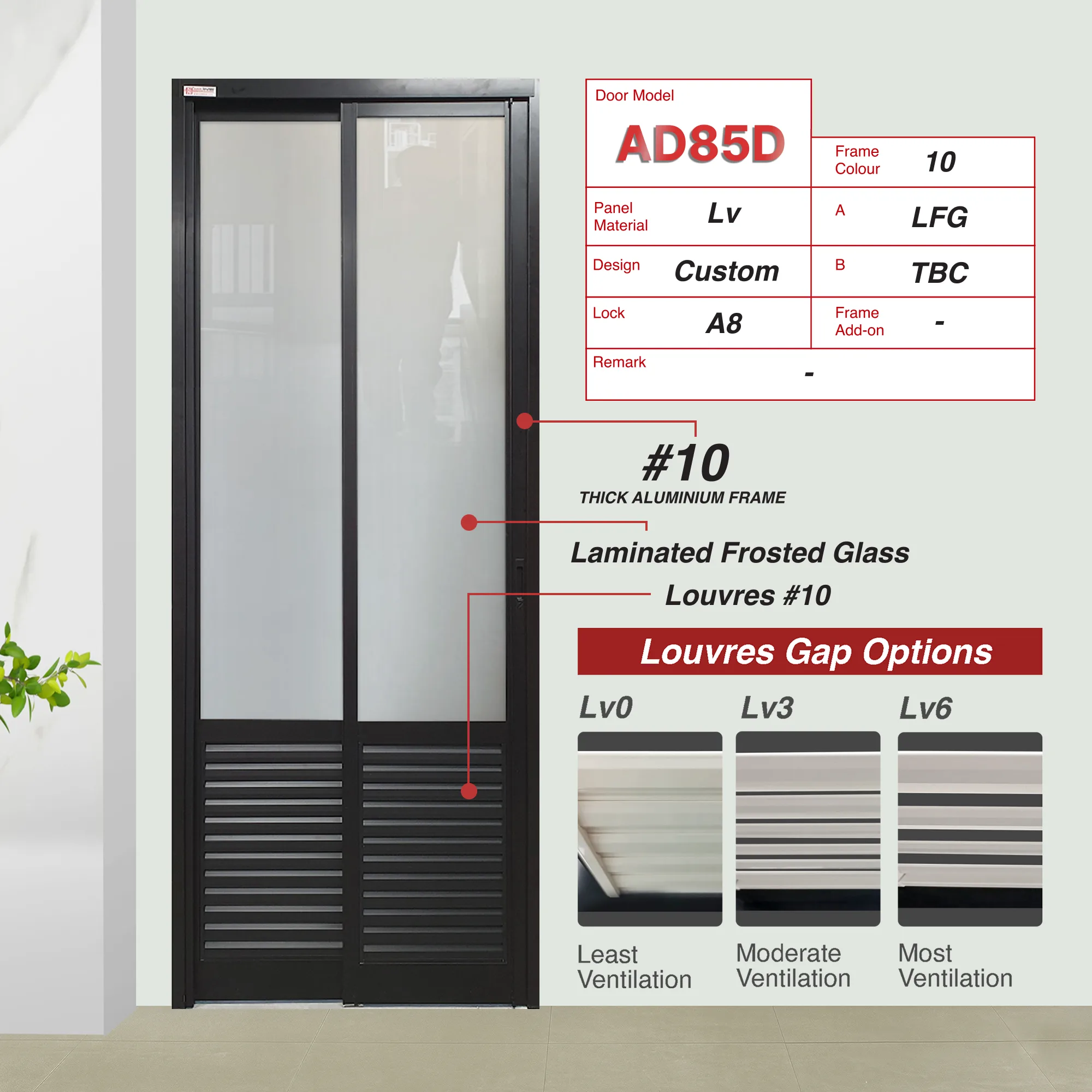 Black Slide and Swing 3.0: AD85 Black Slide and Swing 3.0: AD85 Design Cd with Laminated Frosted Glass (LFG) and Black Louvres that has moderately compact blade arrangement