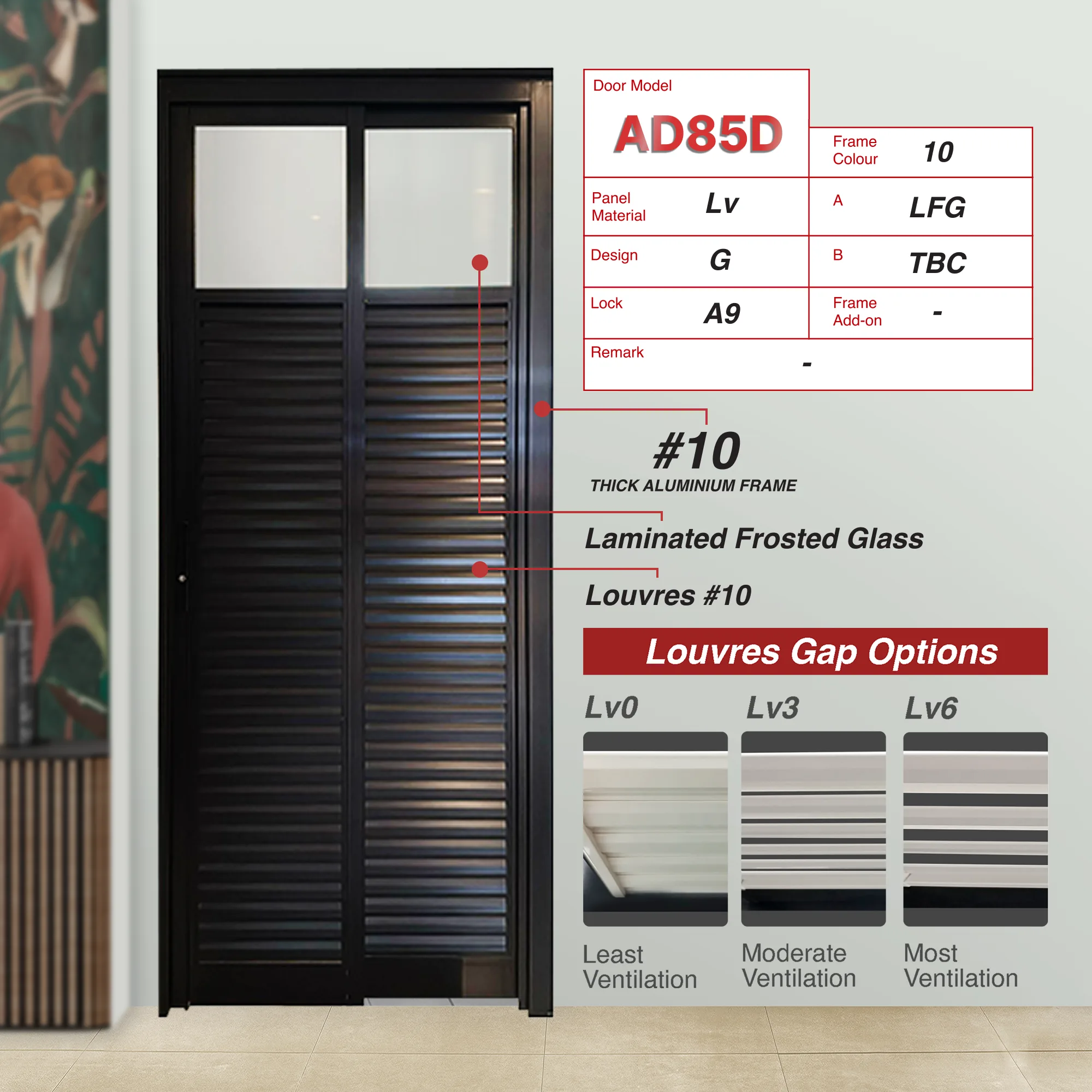 Black Slide and Swing 3.0: AD85 Louvres Black Slide and Swing 3.0: AD85 Design G with Laminated Frosted Glass (LFG) and Black Louvres that has moderately compact blade arrangement