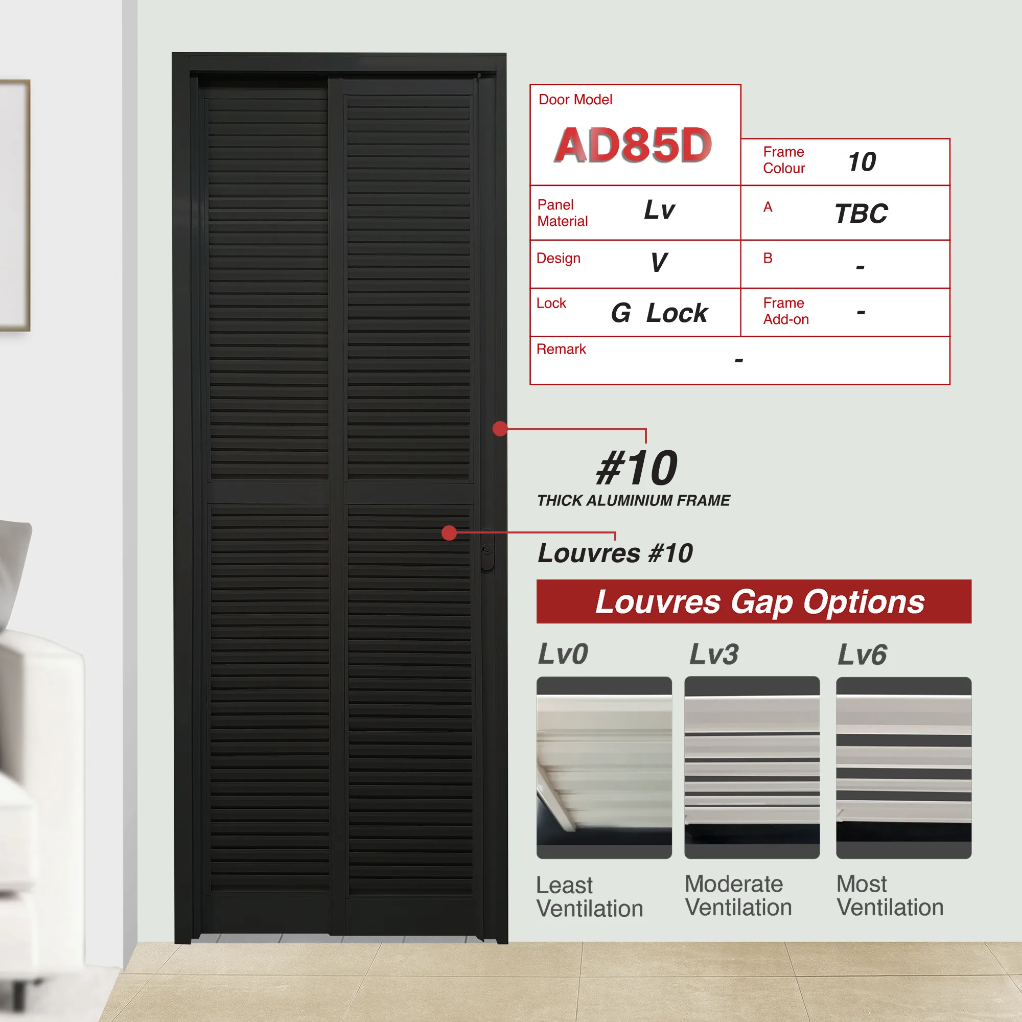 AD85 Black 0mm Louvres Slide & Swing Door with No Design AD85 Black Slide & Swing Door Made with 0mm Louvres