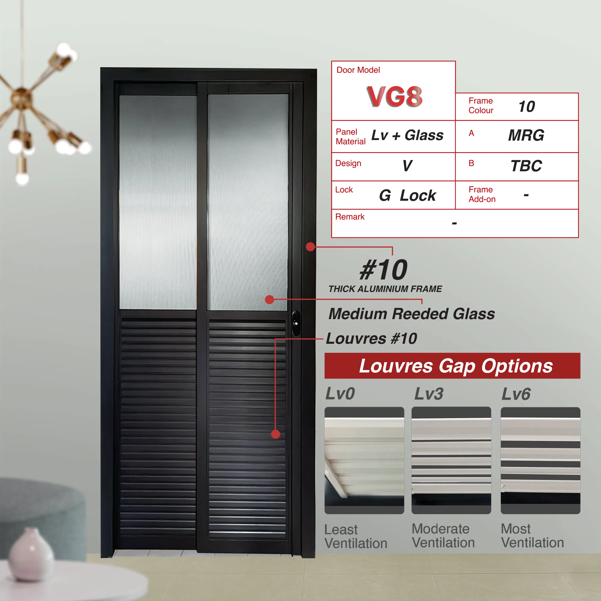 VG8 Black 3mm Louvres Slide & Swing Door with No Design VG8 Black Slide & Swing Door Made with 3mm Louvres + Invisible VG Hinge