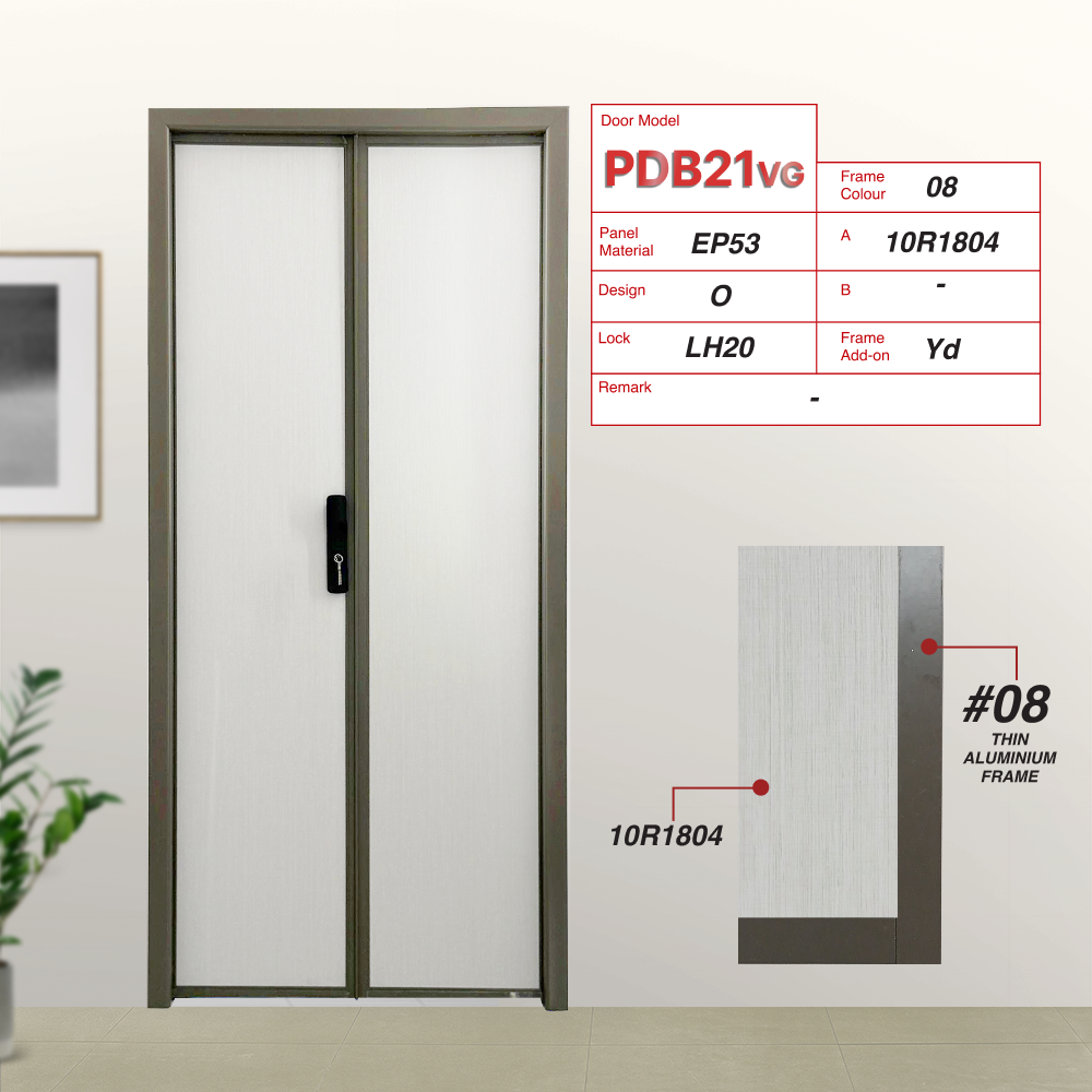 Beige Grey Synchronised Double Swing Door with VG Hinge PDB21VG Design O with 10R1804: a white cloth-like textured panel and YD add on Frame